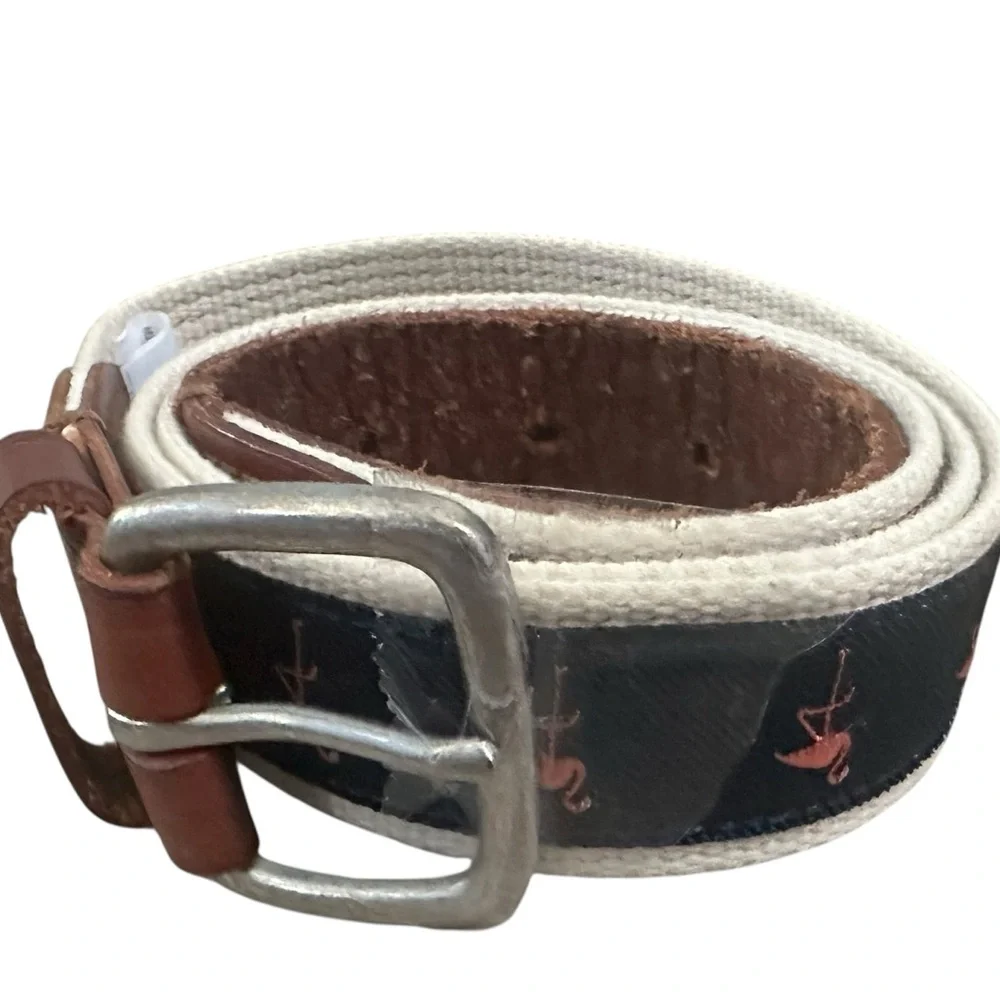 J.Crew Brown Leather and Cotton Belt size 36” Flamingo Printed Preppy